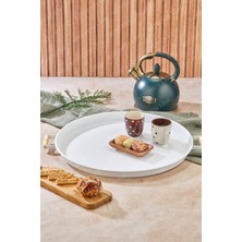 Kitchen Line Ahşap Kulplu 51 cm Büyük Boy Metal Tepsi Çay Kahve Sunum Tepsisi Beyaz