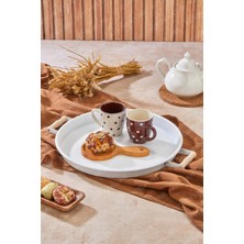 Kitchen Line Ahşap Kulplu 36 cm Metal Tepsi Çay Kahve Sunum Tepsisi Beyaz