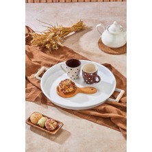 Kitchen Line Ahşap Kulplu 36 cm Metal Tepsi Çay Kahve Sunum Tepsisi Beyaz