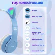 Techmaster Kablosuz Kulaküstü Rgb Işıklı Kedili Bluetooth 5.0 Çocuk Kulaklığı Kulaklık P47M