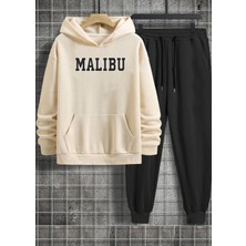 Amor Man Büyük Beden Özel Tasarım Kapüşonlu Malıbu Baskılı Şardonlu Kışlık Modern Battal Erkek Eşofman Takımı