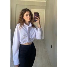 Nice Boutique Beyaz Büzgülü Crop Poplin Kumaş Kadın Gömlek