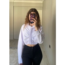 Nice Boutique Beyaz Büzgülü Crop Poplin Kumaş Kadın Gömlek