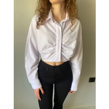 Nice Boutique Beyaz Büzgülü Crop Poplin Kumaş Kadın Gömlek