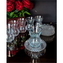 Seçkin Ev Seçkinev (Paşabahçe Cam) 12 Parça El Dekor Kristal Platin Gümüş Beykoz Çay Takımı