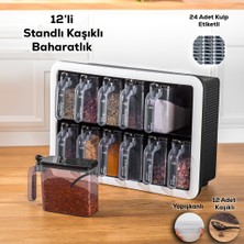 Porsima Simple 1165 Random 12'li Standlı Kendinden Yapışkanlı Kaşıklı Kapaklı Baharatlık Saklama Kabı Seti - Siyah Beyaz