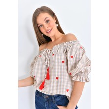 Parkkaron Kadın Bej Pötikare Yakası Fırfırlı Oversize Dokuma Bluz