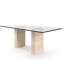 Arte Marble Traverten Cam Yemek Masası Küçük ( 140x60 H75 )