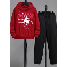 Kids Face Özel Tasarım Kapüşonlu Beyaz Örümcek Baskılı Şardonlu Kışlık Erkek Çocuk Eşofman Takımı