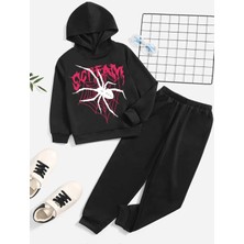 Kids Face Özel Tasarım Kapüşonlu Beyaz Örümcek Baskılı Kışlık Şardonlu Erkek Çocuk Eşofman Takımı