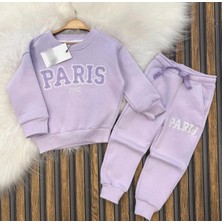 Kids Face Özel Tasarım Bisiklet Yaka Paris Baskılı Şardonlu Kışlık Çift Cep Modern Kız Çocuk Eşofman Takımı