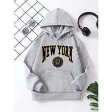 Koflandy Çocuk Unisex Kapüşonlu Sarı New York Baskılı Pamuklu Sweatshirt - Gri