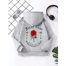 Koflandy Çocuk Unisex Kapüşonlu Ön ve Arka Fiery Rose Baskılı Sweatshirt - Gri