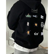 Belabre Oversize Erkek Travel Baskılı Siyah Kapüşonlu Sweatshirt