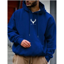 Belabre Oversize Erkek Lucky Baskılı Mavi Kapüşonlu Sweatshirt