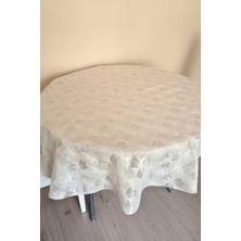 Elegancev Üstü Şeffaf Muşamba Kaplama Dantel Görünüm Yuvarlak Masa Örtüsü -137 cm Çap -Krem Renk-Yaprak