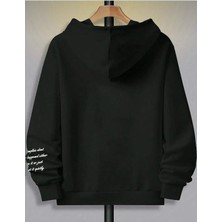 Belabre Oversize Erkek Yakada Gül Baskılı Siyah Kapüşonlu Sweatshirt