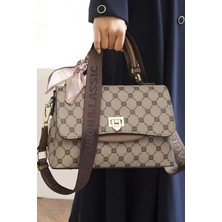 Go Veform Üç Bölme Kapaklı Kadın Omuz ve El Çantası Baskılı Vizon WB8887