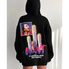 YS Innovation Baskılı Üç Iplik Kapüşonlu Oversize Sweatshirt - Siyah