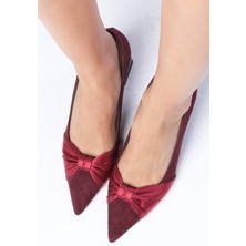 Mio Gusto Rose Bordo Renk Süet Sivri Burunlu Saten Fiyonklu Kalın Topuklu Kadın Topuklu Ayakkabı