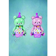 Rönesans Parti Oturan Ayı Yeşil-Pembe 2'li Folyo Balon Seti