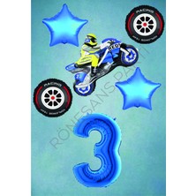 Rönesans Parti Motorsiklet-Yarış Lastiği ve Mavi Rakam Yıldız Folyo Balon Seti Yaş-3
