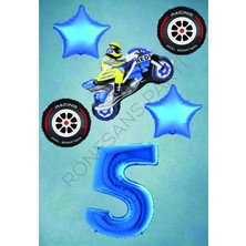 Rönesans Parti Motorsiklet-Yarış Lastiği ve Mavi Rakam Yıldız Folyo Balon Seti Yaş-5