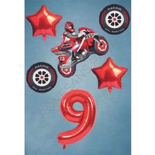 Rönesans Parti Motorsiklet-Yarış Lastiği ve Kırmızı Rakam Yıldız Folyo Balon Seti Yaş-9