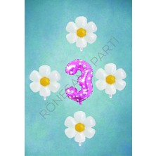 Rönesans Parti Pembe Puanlı Rakam ve Papatya Folyo Balon Seti Yaş 3