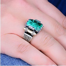 Silverbox Özel 925K Doğal Paraiba Turmalin Gümüş Erkek Yüzük,  Buz Yeşili Taşlı Bant