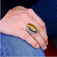 Silverbox 25X30 mm Doğal Kaplan Gözü Gümüş Erkek Yüzük, Büyük Gümüş Erkek Yüzük, Sade ve Şık Erkek Yüzük