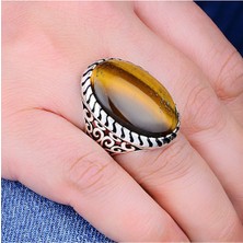 Silverbox 25X30 mm Doğal Kaplan Gözü Gümüş Erkek Yüzük, Büyük Gümüş Erkek Yüzük, Sade ve Şık Erkek Yüzük