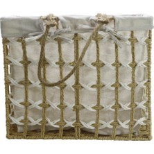 T. Concept Dekoratif Hasır Halatlı Zarif Telli Çok Amaçlı Dikdörtgen Sepet Bej-Beyaz Küçük (S)