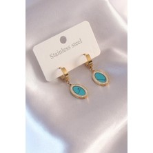 E-Bijuteri Çelik Gold Renk Mavi Boncuklu Zirkon Taşlı Kadın Küpe