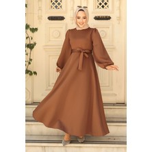 Neva Style Kemerli Kahverengi Tesettür Elbise 23102KH