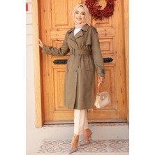 Neva Style Kemerli Süet Haki Tesettür Trençkot 72091HK
