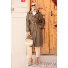 Neva Style Kemerli Süet Haki Tesettür Trençkot 72091HK