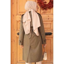 Neva Style Kemerli Süet Haki Tesettür Trençkot 72091HK