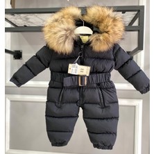 HC Kids Wear Bebek Kozmonot Tulum Kürk Kapşonlu Siyah