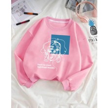 Belabre Oversize Kadın Dare To Start Baskılı Pembe Bisiklet Yaka Sweatshirt