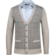 Çizgi Triko Erkek V Yaka Triko Hırka Düğmeli Cep Detaylı Desenli Çelik Örgü Klasik Kalıp - 5002M