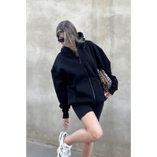 la & vetta Siyah Kapüşonlu Oversize Fermuarlı Şardonlu Sweatshirt