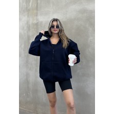 la & vetta Koyu Lacivert Kapüşonlu Oversize Fermuarlı Şardonlu Sweatshirt