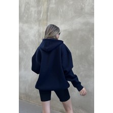 la & vetta Koyu Lacivert Kapüşonlu Oversize Fermuarlı Şardonlu Sweatshirt