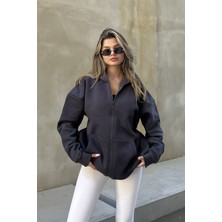 la & vetta Antrasit Kapüşonlu Oversize Fermuarlı Şardonlu Sweatshirt