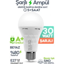 Suled Şarjlı Ampül 30W Ultra Acil Durum & Kamp Işığı 220V Beyaz E27 Duy Otomatik %80 Tasarruflu