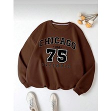 Belabre Oversize Unisex Chicago Baskılı Kahverengi Bisiklet Yaka Sweatshirt