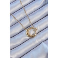 Ezo Concept 316L Çelik Zincir Altın Renk Zirkon Taşlı Motifli Ay Yıldız Kolye