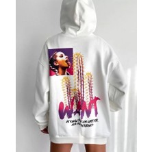 Defy Moda Baskılı Üç Iplik Kapüşonlu Oversize Sweatshirt - Beyaz