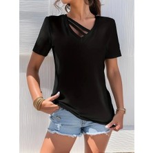 Defy Kadın Kısa Kollu V Yaka Şerit Detay Viskon Bluz